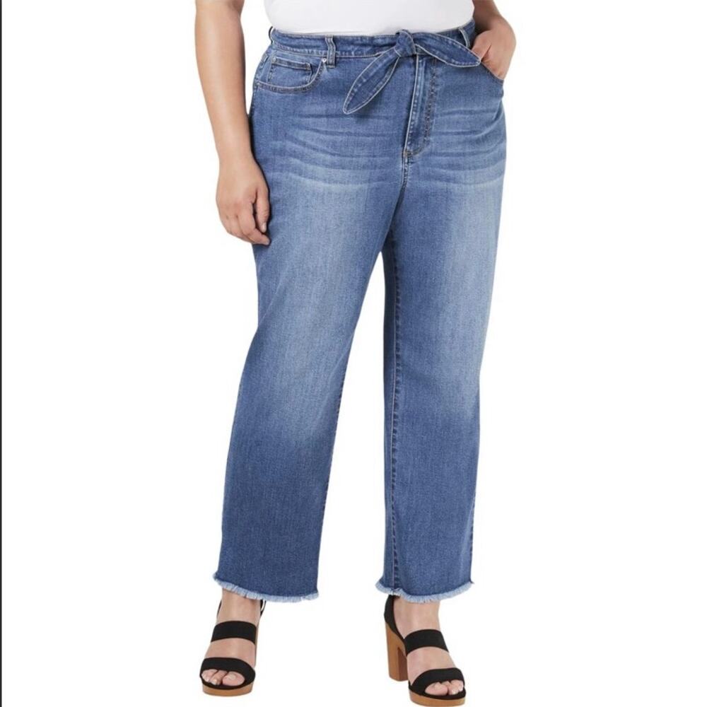 INC Stretch Jeans Women Size 28W NWT High Rise Straight Leg Raw Ankle Tie Front